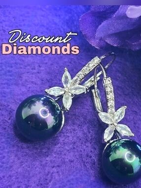 South Sea Shell 10mm Black Rainbow Pearl White Baguette Diamond Earrings 925